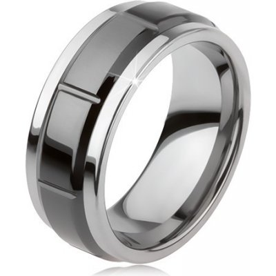 Šperky eshop Wolframový prsten se zářezy stříbrná lesklý černý povrch AB34.11