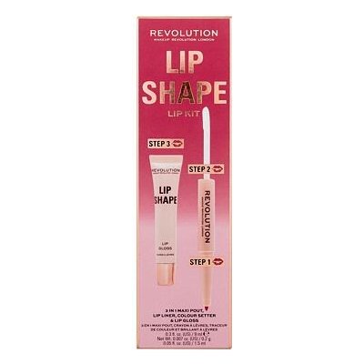 Makeup Revolution London Lip Shape odstín Rose Pink sada lesk na rty Lip Shape Lip Gloss 9 ml + konturovací tužka a fixátor rtěnky 2 In 1 Lip Liner & Colour Setter 1,7 ml