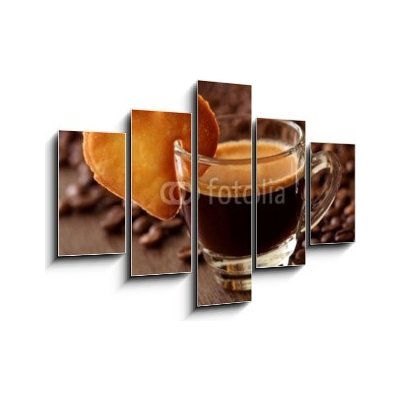 Obraz 5D pětidílný - 150 x 100 cm - Espresso coffee with cake on brown background Espresso káva s koláčem na hnědém pozadí – Zboží Mobilmania