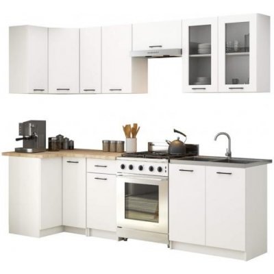 DobreSny Kuchyňská rohová sestava s vitrínou Olivia 3 m Bílá / Dub Sonoma H720 – Zbozi.Blesk.cz