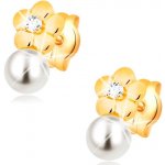 Šperky eshop náušnice ze žlutého zlata lesklý květ s čirým diamantem bílá perla BT500.93 – Sleviste.cz