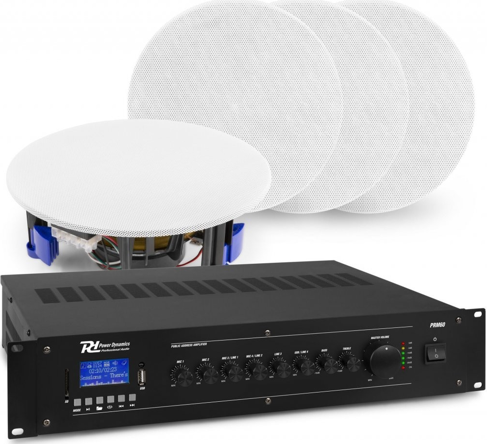 Power Dynamics zvukový systém se 4x vestavěným reproduktorem NCSP5, zesilovačem PRM60 s BT