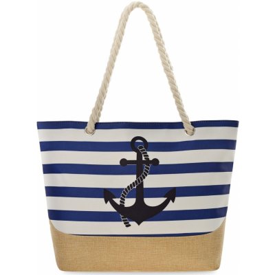 Námořnická pruhovaná plážová taška velká prostorná kabelka s plátěnou vložkou městský shopper na šňůrkách kotva bílá s modrou a béžovou barvou