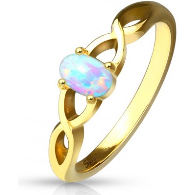 Šperky eshop ocelový prsten zlaté syntetický opál s duhovými odlesky propletená ramena F16.18