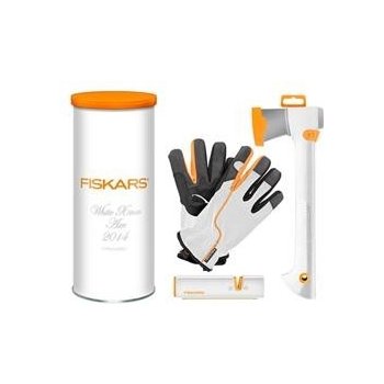 FISKARS set 129029 limitovaná edice bílá sekera, Xsharp ostřič, zahradní rukavice, papírová tuba