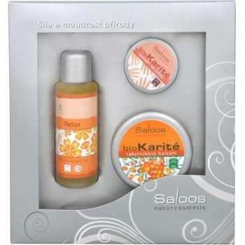 Saloos Relax Relax masážní olej 50 ml + Bio Karité Rakytník balzám 50 ml + Bio Karité balzám na rty 19 ml dárková sada