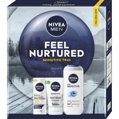 Nivea Men Sensitive sprchový gel pro muže 250 ml + Sensitive hydratační denní krém SPF 30 50 ml + Sensitive čisticí gel pro muže 100 ml kosmetická sada – Zbozi.Blesk.cz