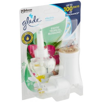 Glade Electric Scented Oil Exotic Tropical Blossoms vůně s tóny monoi květů a kokosového mléka elektrický osvěžovač vzduchu strojek s tekutou náplní 20 ml