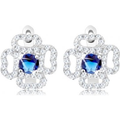 Šperky eshop náušnice ze stříbra čirý blýskavý obrys květu kulatý modrý zirkon R28.10