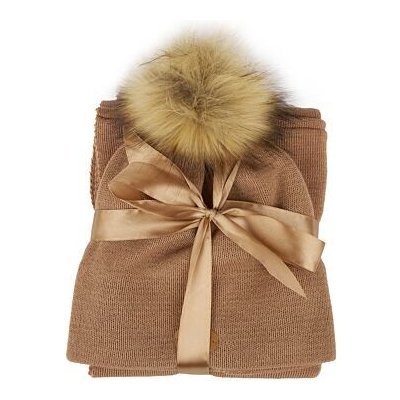 Vlnka Dámský vlněný set nákrčník a čepice s bambulí hnědá – Zboží Dáma