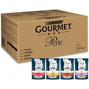 Gourmet Perle vybrané proužky mix s pstruhem krocanem kachnou a zvěřinou 96 x 85 g