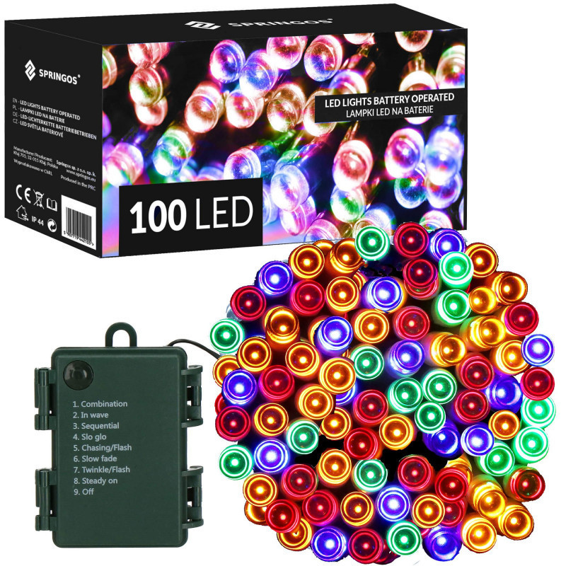 SPRINGOS LED světelný řetěz 10m 100LED 8 funkcí časovač 3xAA IP44 multicolor