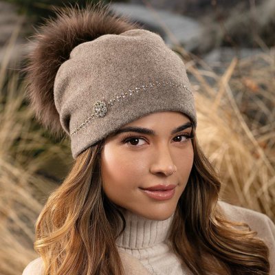 Krumlovanka dámská zimní čepice s bambulí 100% Woolmark W-832/690 tmavě béžový melange – Hledejceny.cz