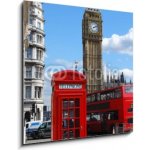 Obraz 1D - 50 x 50 cm - Telephone box, Big Ben and double decker bus in London Telefonní schránka, Big Ben a dvoupatrový autobus v Londýně