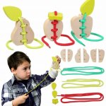 Cubika 14811 Ovoce sada 3 dřevěných šněrovacích hraček 6 dřevěných prvků 3 tkaničky – Sleviste.cz