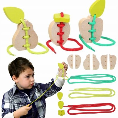 Cubika 14811 Ovoce sada 3 dřevěných šněrovacích hraček 6 dřevěných prvků 3 tkaničky – Sleviste.cz