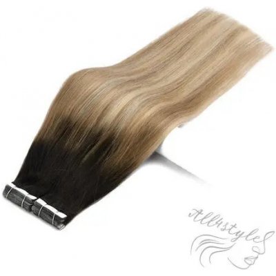 Vlasové PU pásky tape in na prodlužování vlasů 40cm ombré balayage 02/27/60 tmavě hnědá / tmavá blond / platina