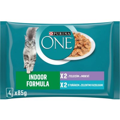 Purina ONE Indoor minifiletky s tuňákem a zelenými fazolkami s telecím a mrkví ve šťávě 4 x 85 g – Zbozi.Blesk.cz