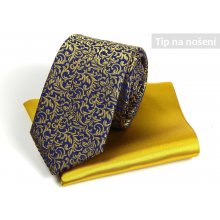 Hedva Český Brokát Set kravata ČH 7 cm ornament modrá/zlatá+Kapesníček PESh 400 satén žlutá zlatá