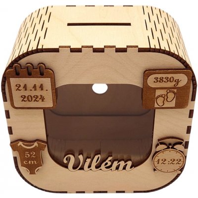 Dřevěná pokladnička se jménem a údaji o narození – Zboží Dáma Dřevěná pokladnička se jménem a údaji o narození – Zboží Dáma