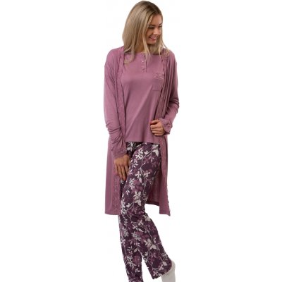 Komplet župan a pyžamo s tmavě fialovými kalhotami a květy luxusní 1G0758 fialová – Zboží Dáma