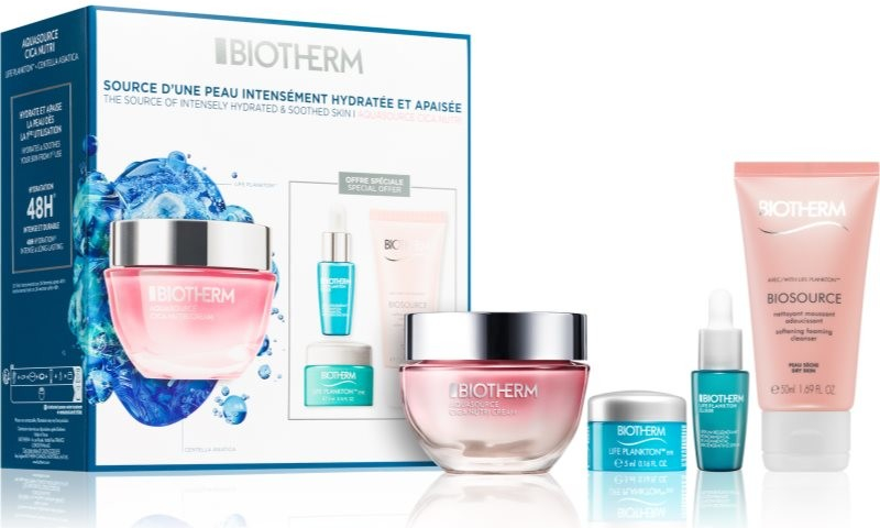 Biotherm Aquasource Aquasource Cica Nutri výživný hydratační krém pro suchou až velmi suchou citlivou pleť 50 ml + Biosource čisticí pěnivý krém pro suchou pleť 50 ml + Life Plankton