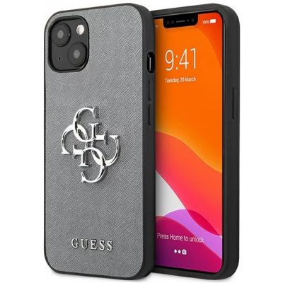 Pouzdro Guess iPhone 13 mini hardcase Saffiano 4G Metal Logo šedé