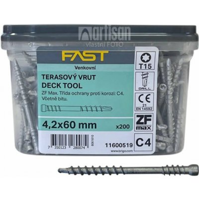 Vruty terasové FAST Decking Screw 4,2x60 Legovaná ocel C4, TX15, vč. prodlouženého bitu (200 ks) – Hledejceny.cz