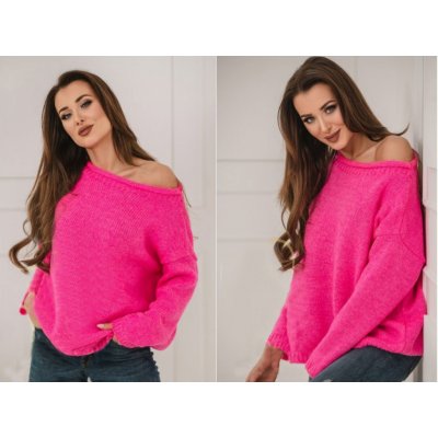 Fashionweek Oversize elegantní svetr s carmen výstřihem IRIS Růžový neon