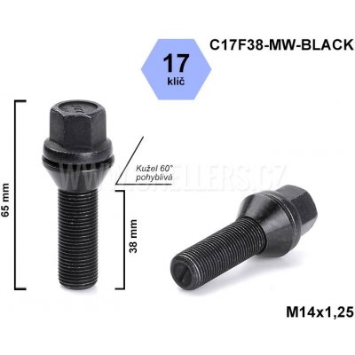 Kolový šroub M14x1,25x38 kužel pohyblivý černý, klíč 17, C17F38-MW-BLACK, výška 65 mm