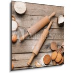 Skleněný obraz 1D - 50 x 50 cm - Ingredients for cookies and rolling pins on wooden background Ingredience pro sušenky a válečky na dřevěné pozadí – Hledejceny.cz
