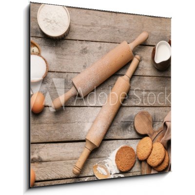 Obraz 1D - 50 x 50 cm - Ingredients for cookies and rolling pins on wooden background Ingredience pro sušenky a válečky na dřevěné pozadí – Hledejceny.cz