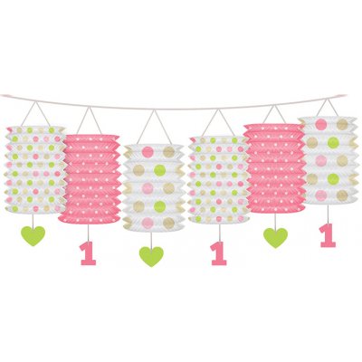 Girlanda lampiónová 1. narozeniny, růžová, bílá a zelená, 3,60 m – Zboží Mobilmania