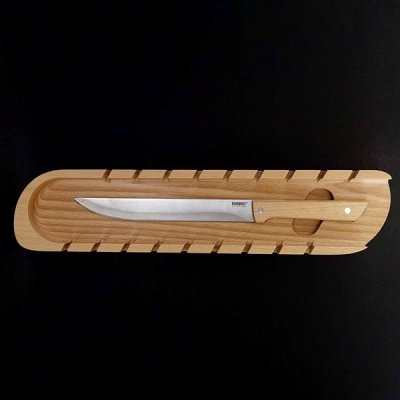 Prkénko AMADEA Dřevěné prkénko na bagety s nožem, masivní dřevo, 41x9x3 cm (26699)