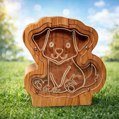 Dřevěná pokladnička pes s možností personalizace – Zboží Dáma