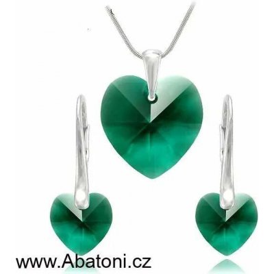 Swarovski Elements Heart krystal stříbrná sada náušnice a přívěsek s řetízkem zelené srdce srdíčko 39161.1 Emerald zelená tmavá smaragdová brčálová – Zboží Mobilmania