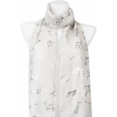 Biju dámský lehký obdélníkový šál 345-8 se stříbrným potiskem koček bílé barvy 7200648-7 – Zboží Dáma