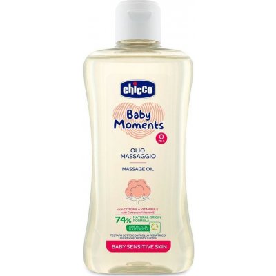 CHICCO Olej masážní s bavlnou a vitamínem E Baby Moments Sensitive 74 % přírodních složek 200 ml