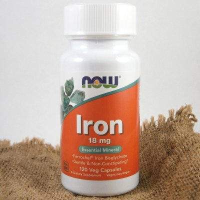 NOW Iron Bisglycinate železo chelát Ferrochel 18 mg x 120 rostlinných kapslí