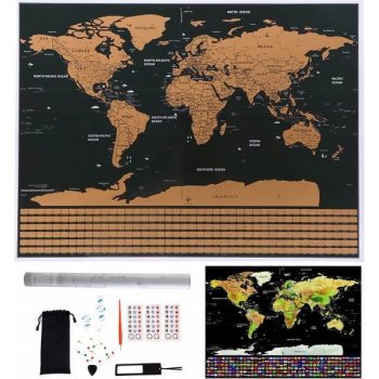 Velká Stírací mapa světa s vlajkami Deluxe 82 x 59 cm s příslušenstvím černá