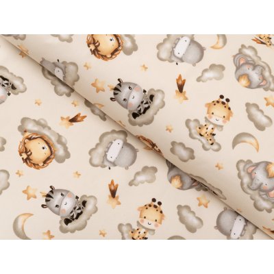 Dětská bavlněná látka/plátno Sandra SA-534 Africká zvířátka na obláčcích na šedobéžovém - šířka 160 cm – Hledejceny.cz