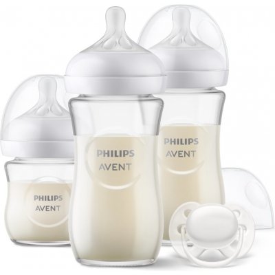 Philips Avent Natural Response 0 m+ skleněná kojenecká láhev 120 ml + 1 m+ skleněná kojenecká láhev 2x240 ml + Ultrasoft 0-6 m dudlík 1 ks