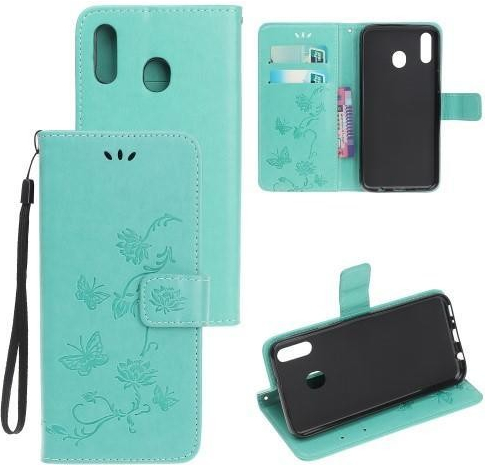 Pouzdro Flowers PU kožené peněženkové Samsung Galaxy A20e - zelené