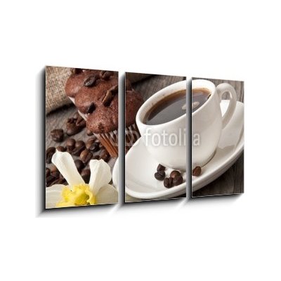 Obraz 3D třídílný - 90 x 50 cm - cup of coffee and chocolate cake šálek kávy a čokoládového dortu – Zboží Mobilmania