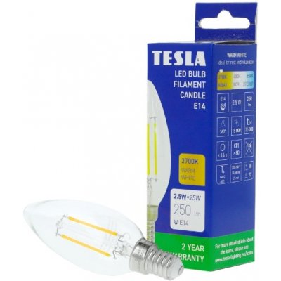 TESLA lighting Tesla LED žárovka FILAMENT RETRO svíčka E14, 2,5W, 230V, 250lm,25 000h, 2700K teplá bílá, 360st,čirá