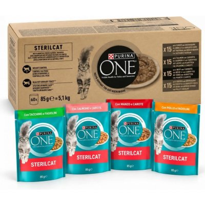 Purina One Sterilcat Mini filetky kuřecí krůtí hovězí losos se zeleninou 60 x 85 g – Hledejceny.cz