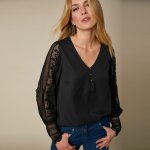 Blancheporte krepová halenka s macramé rukávy a výstřihem do "V" černá – Zboží Mobilmania