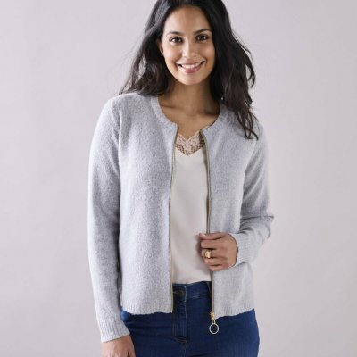 Svetr na zip šedý melír – Zboží Dáma
