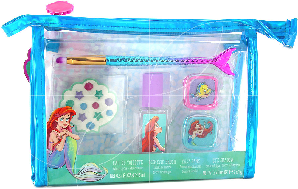 Disney Mermaid EDT 15 ml + cosmetic brush + face gems + eye shadow 2 x1 g + toiletry bag dárková sada