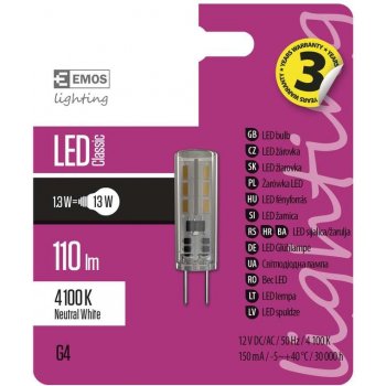 Emos LED žárovka Classic JC A++ 1,3W G4 neutrální bílá